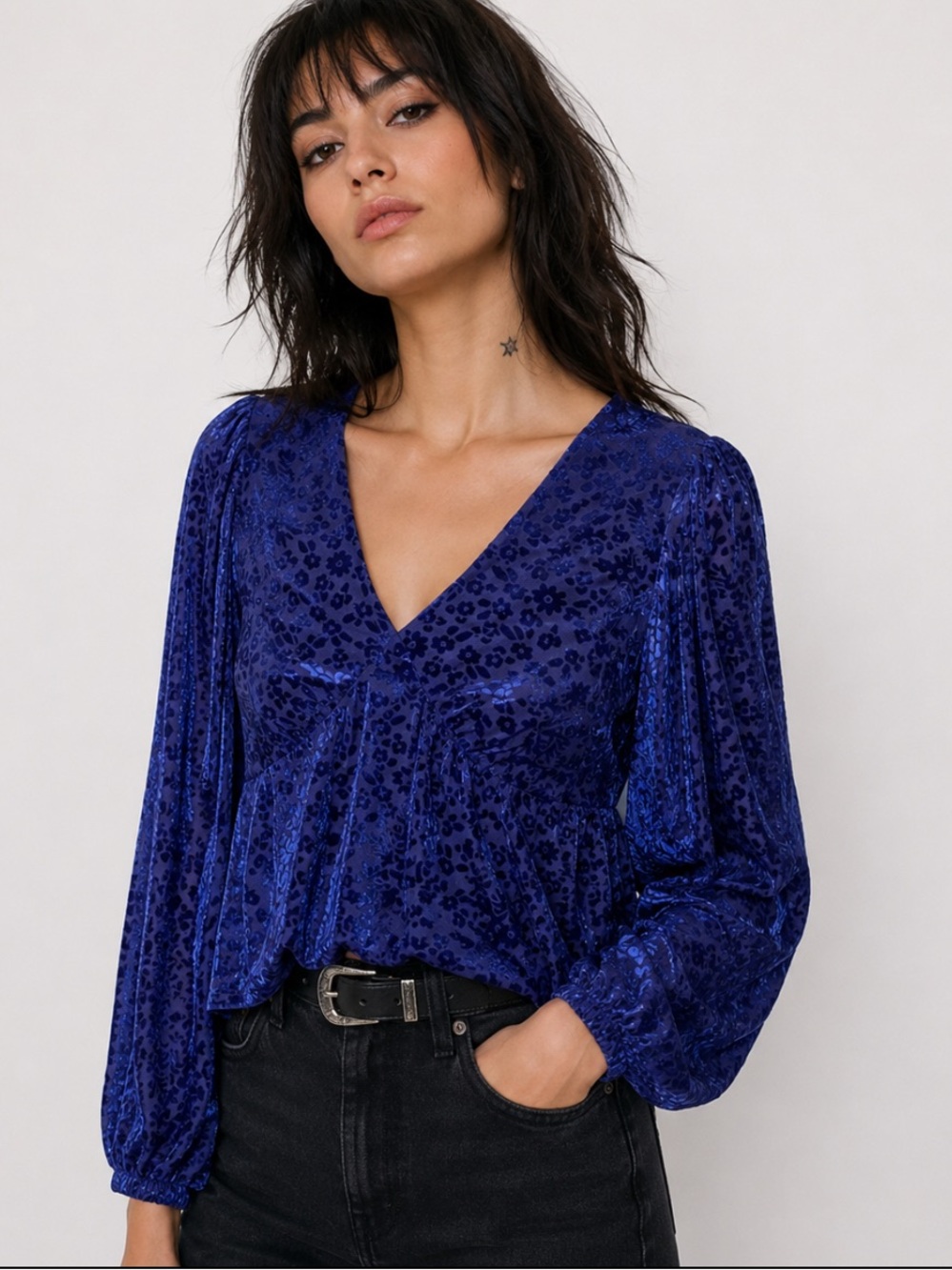 MODCLOTH velvet burnout blue shirt NWT